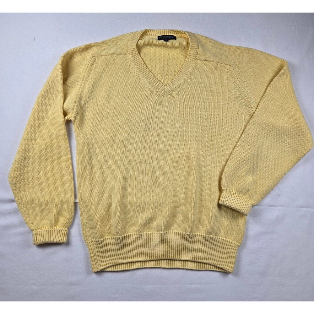 Vintage Lands End Sweater Men’s Medium Butter Yellow Cotton V Neck USA Made